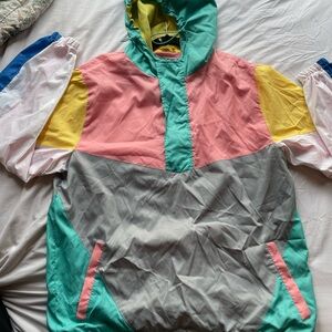 Pastel Colorblock Windbreaker Hoodie - Pink & Teal - L/XL